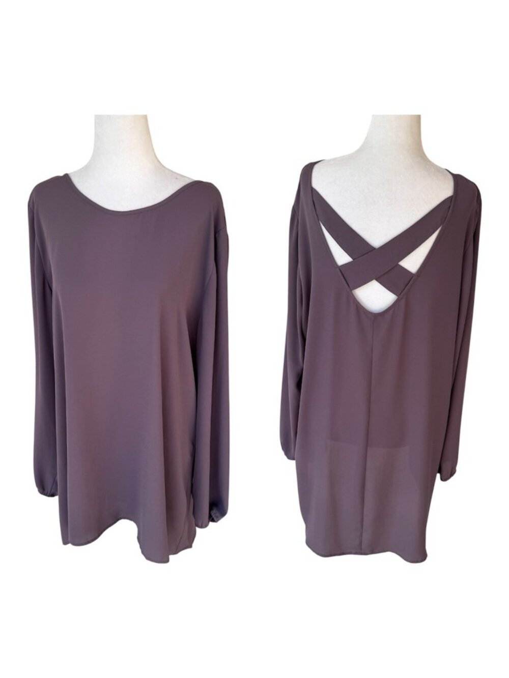 Maurices Brown Long Tunic Blouse Top Criss Cross Back Women XL Long Sleeve